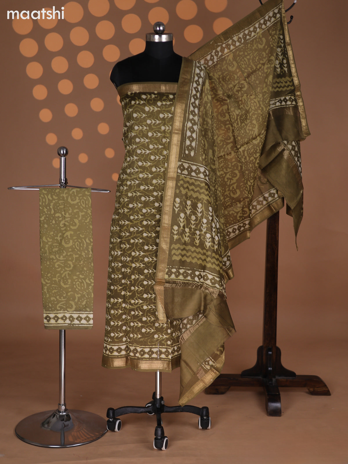 Pastel Green and Beige Chanderi Dress Material With Allover Prints