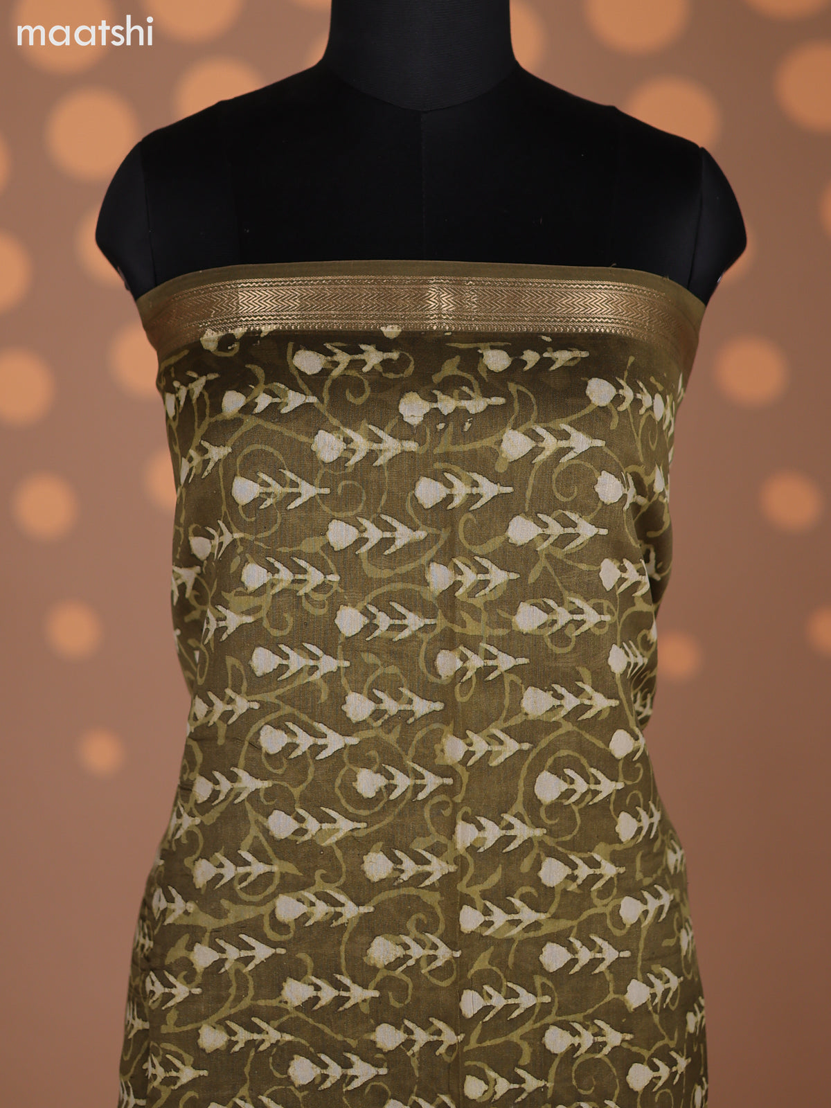 Pastel Green and Beige Chanderi Dress Material With Allover Prints