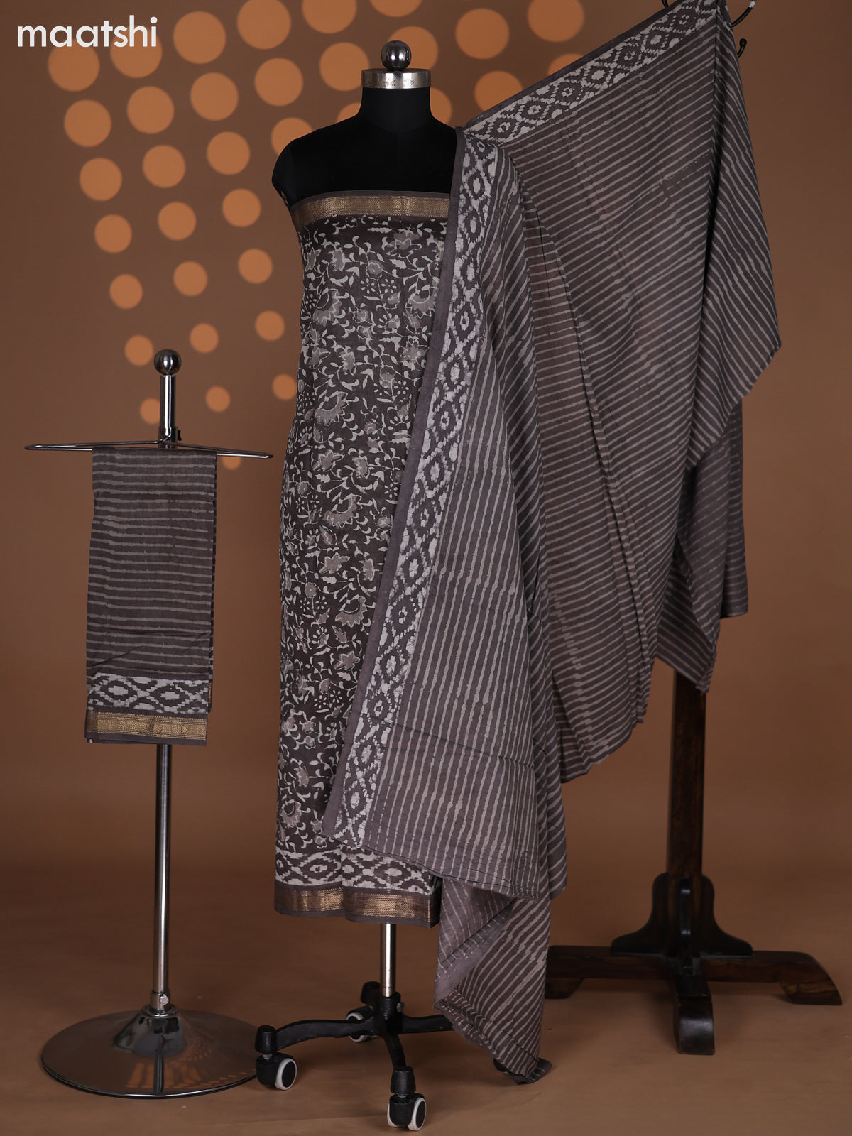 Dark Grey and Beige Chanderi Dress Material With Allover Prints