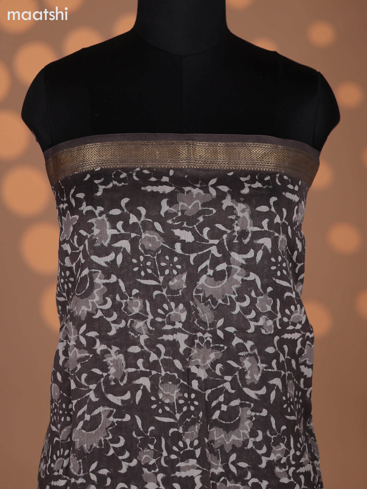 Dark Grey and Beige Chanderi Dress Material With Allover Prints