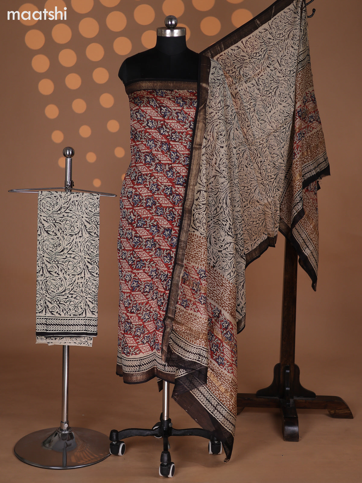Maroon Black and Beige Chanderi Dress Material With Allover Prints