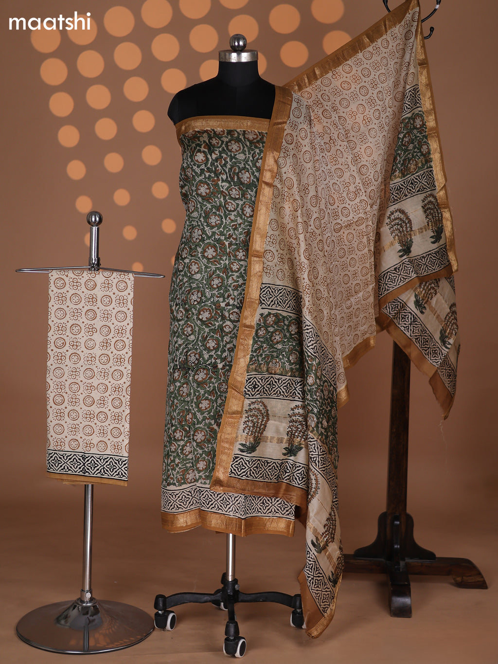 Beige and Pastel Green Mustard Chanderi Dress Material With Floral Prints