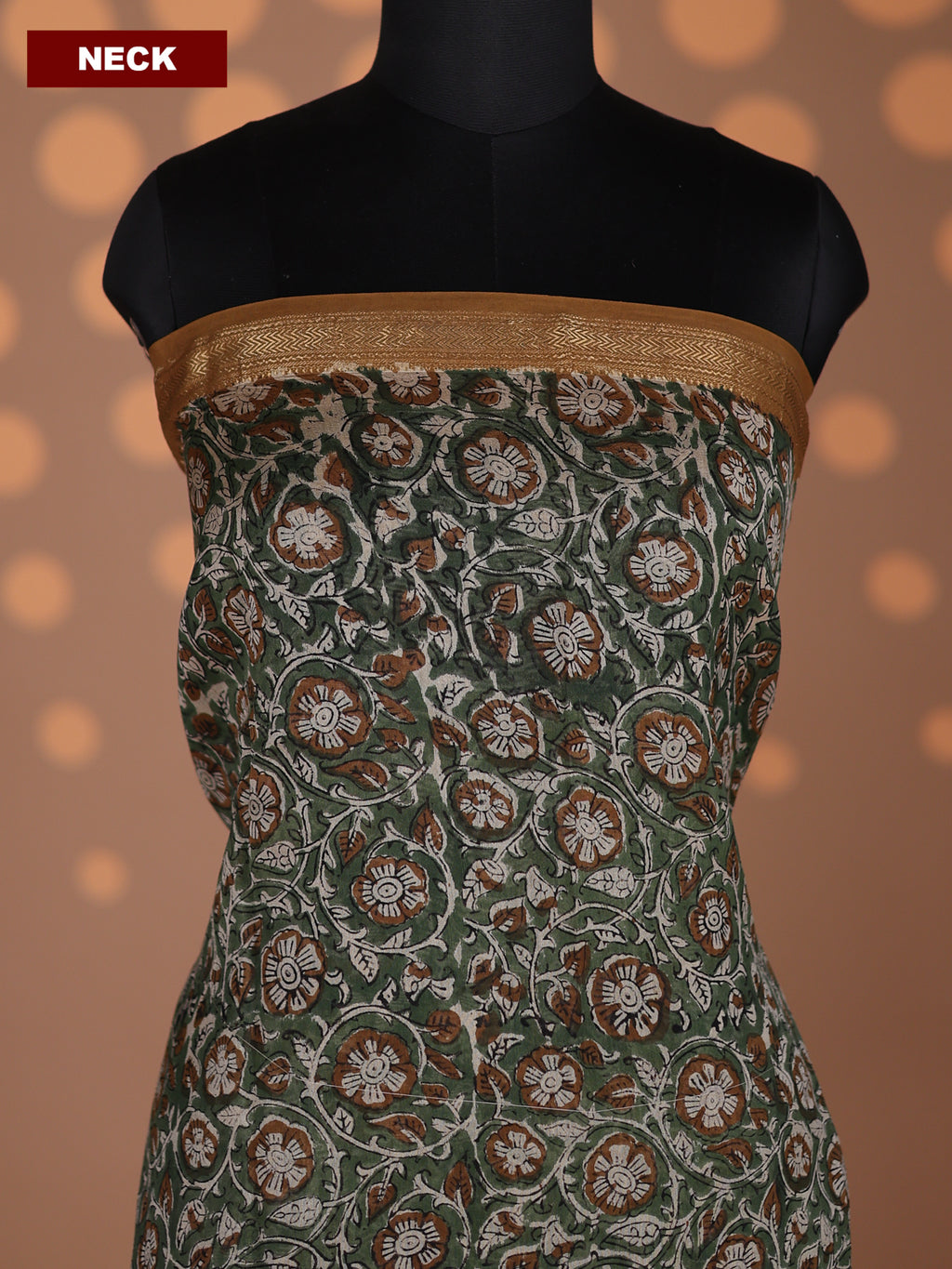 Beige and Pastel Green Mustard Chanderi Dress Material With Floral Prints