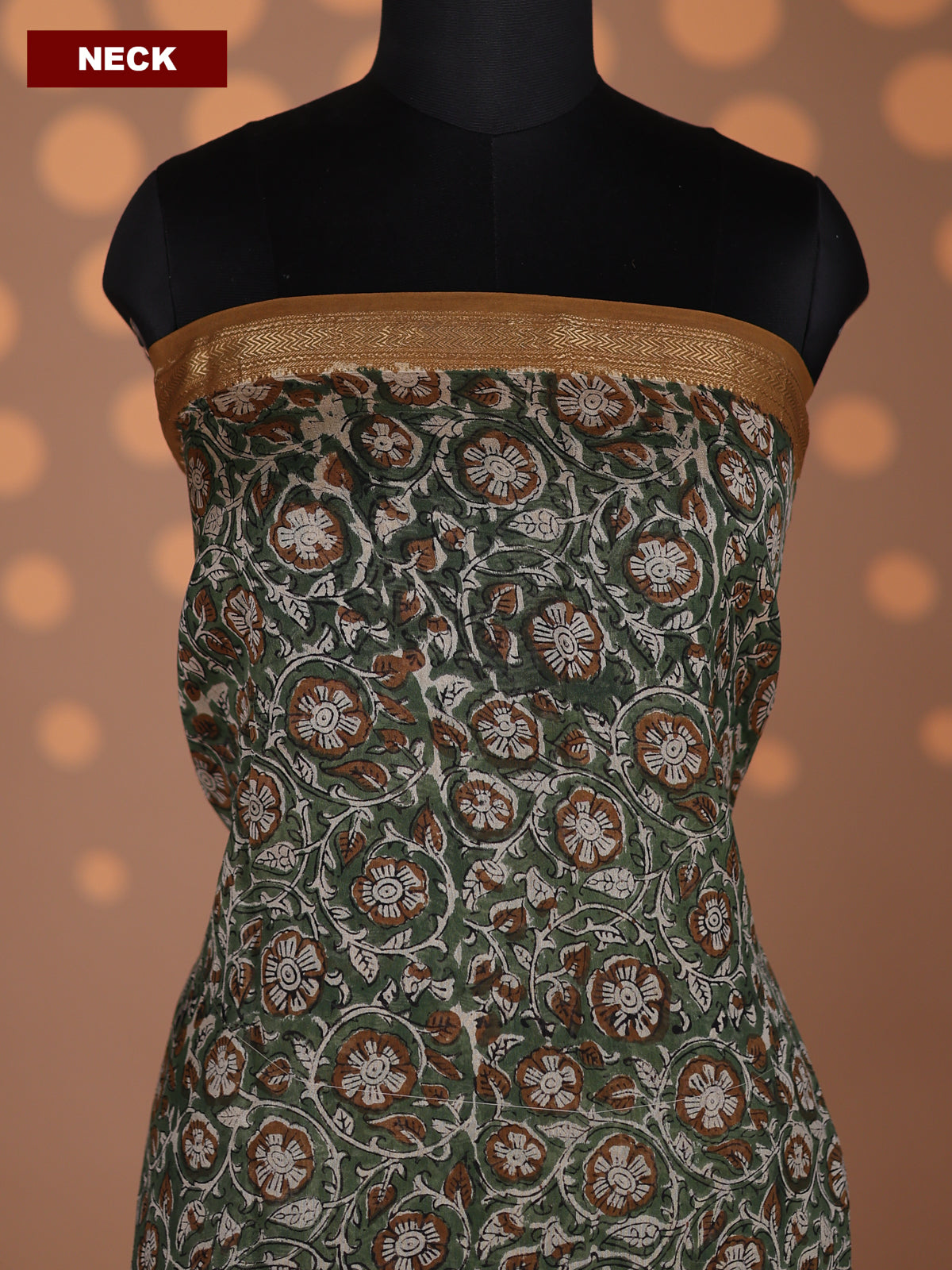 Beige and Pastel Green Mustard Chanderi Dress Material With Floral Prints