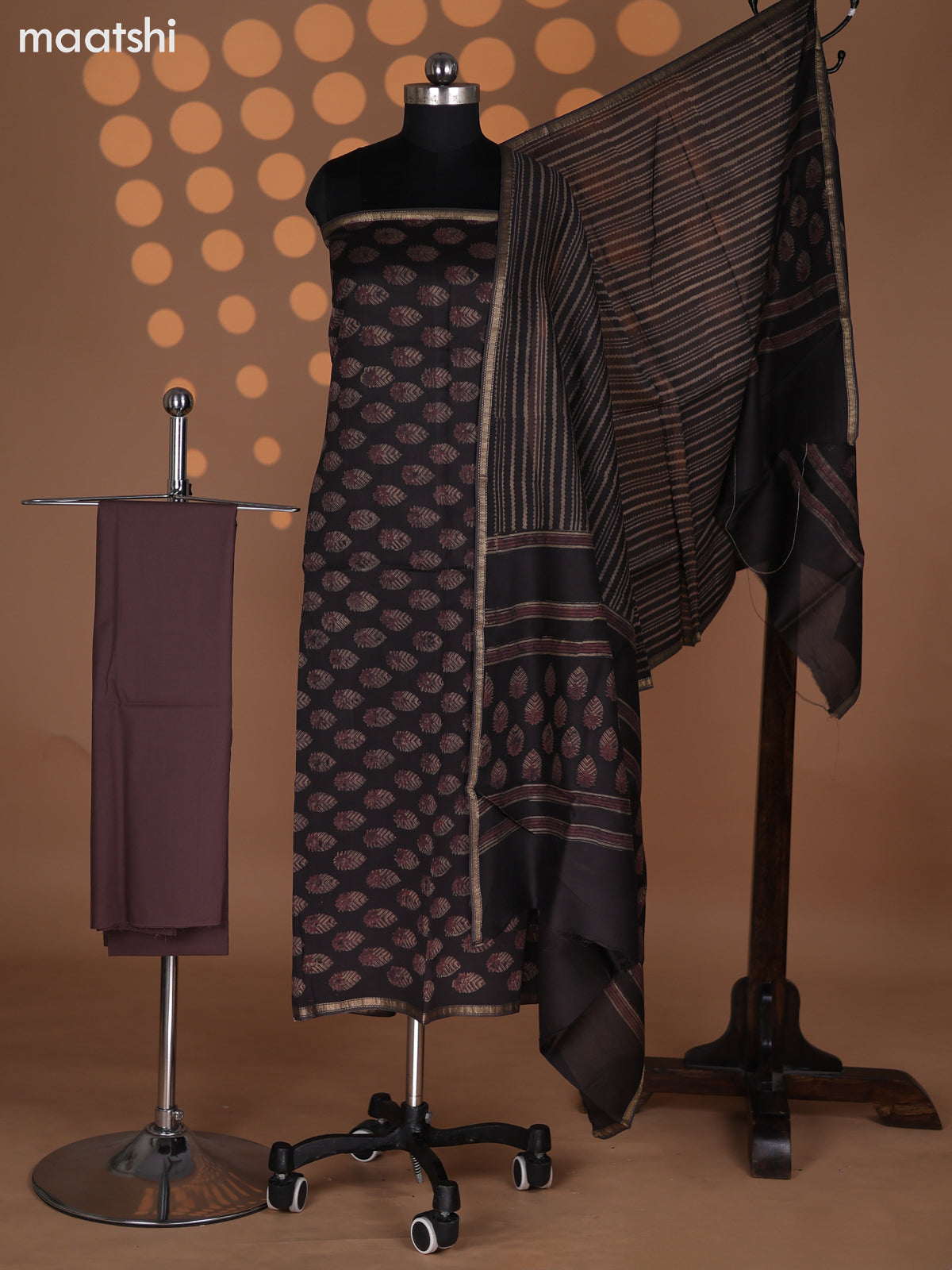 Deep Coffee Brown and Brown Chanderi Dress Material With Allover Butta Prints