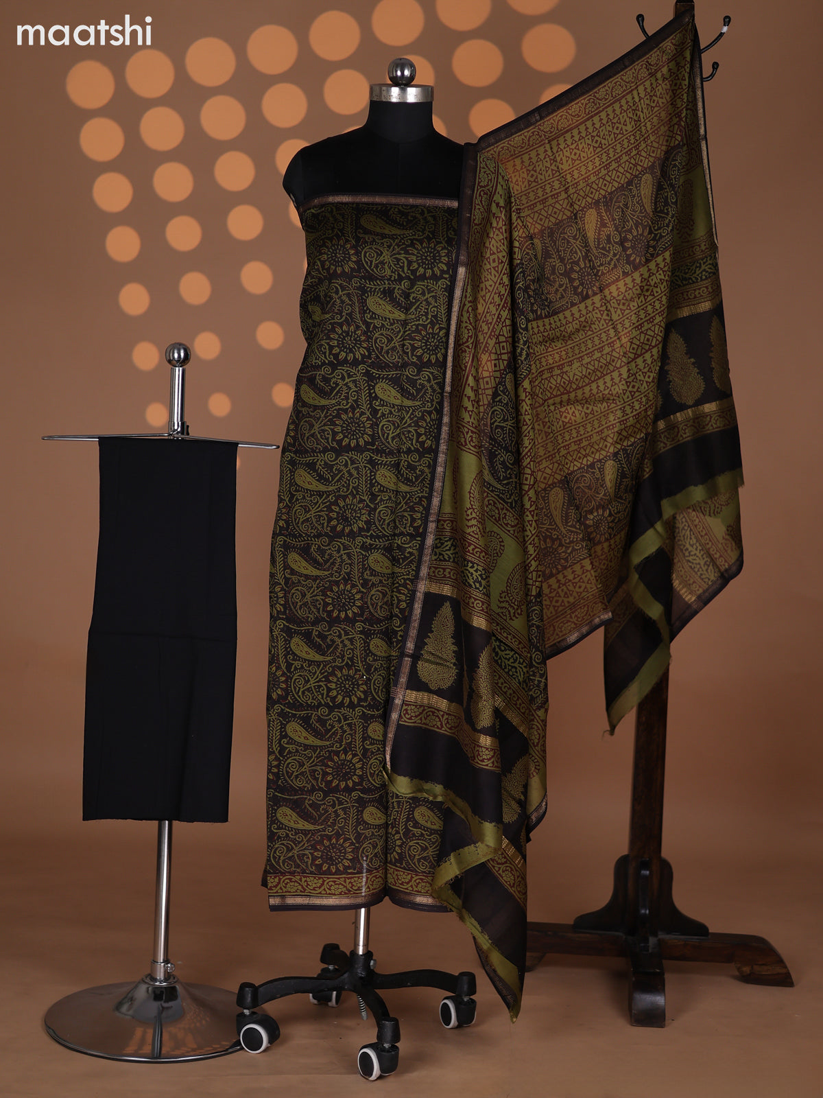 Black and Green Chanderi Dress Material With Kalamkari Prints
