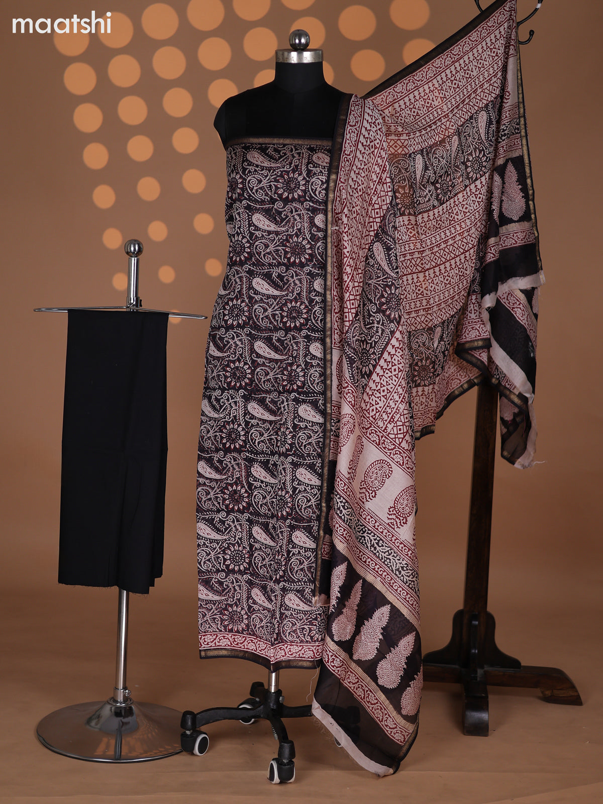 Beige and Black Maroon Chanderi Dress Material With Kalamkari Prints