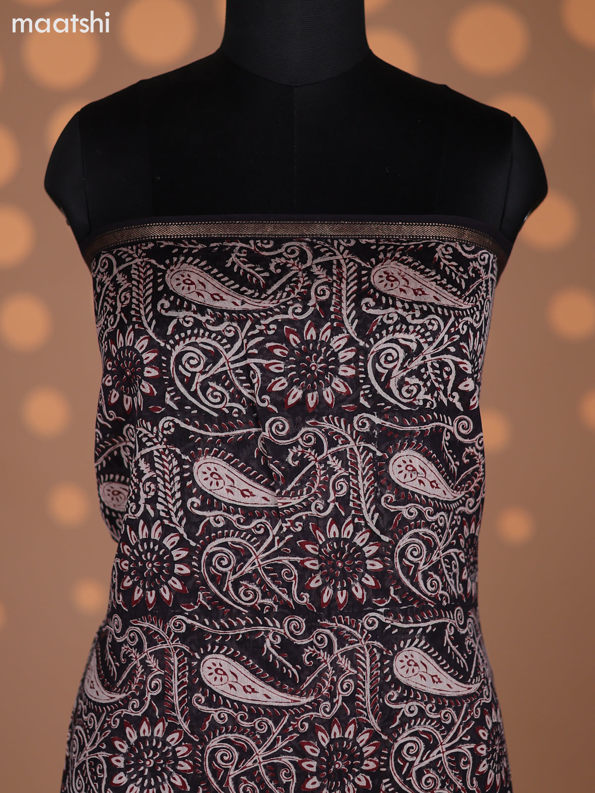 Beige and Black Maroon Chanderi Dress Material With Kalamkari Prints