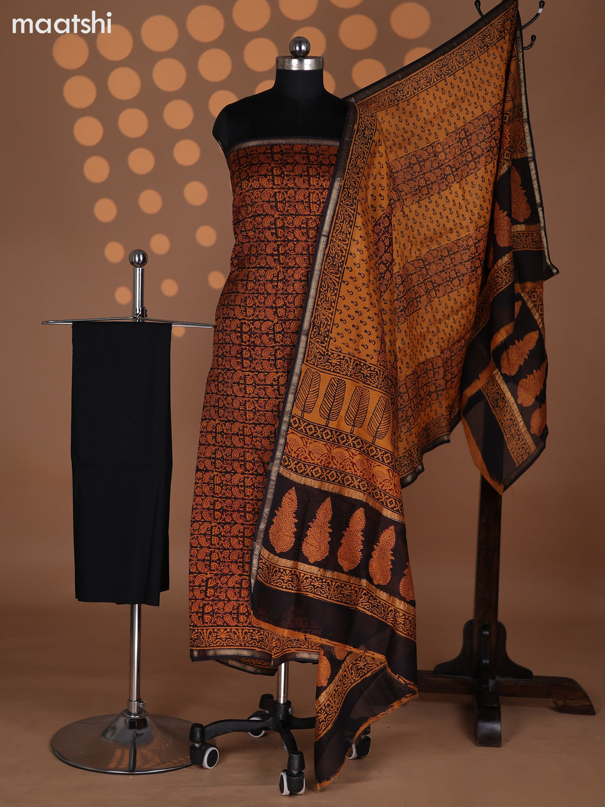 Deep Coffee Brown and Mustard Chanderi Dress Material With Allover Prints