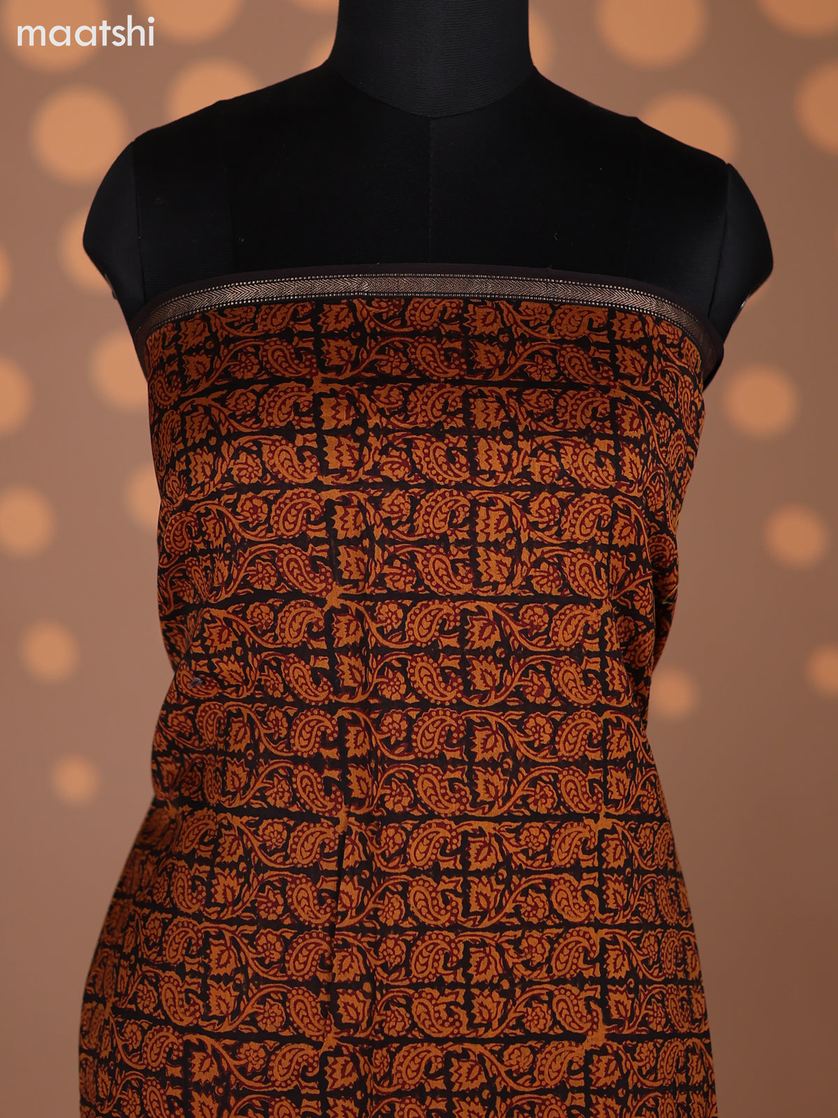 Deep Coffee Brown and Mustard Chanderi Dress Material With Allover Prints