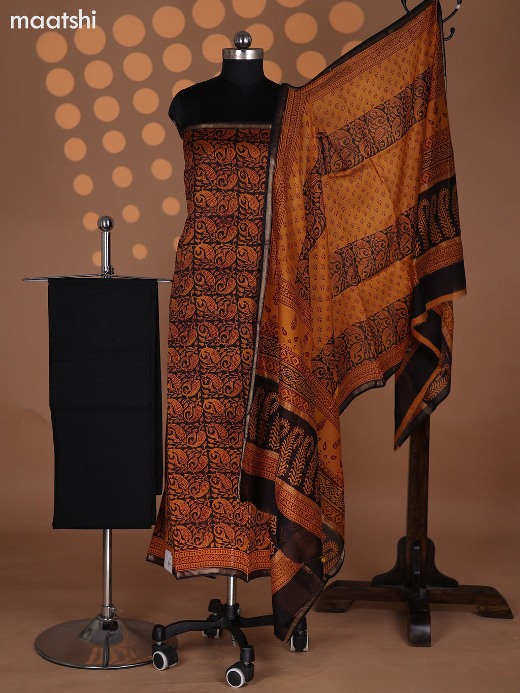 Black and Mustard Chanderi Dress Material With Allover Prints