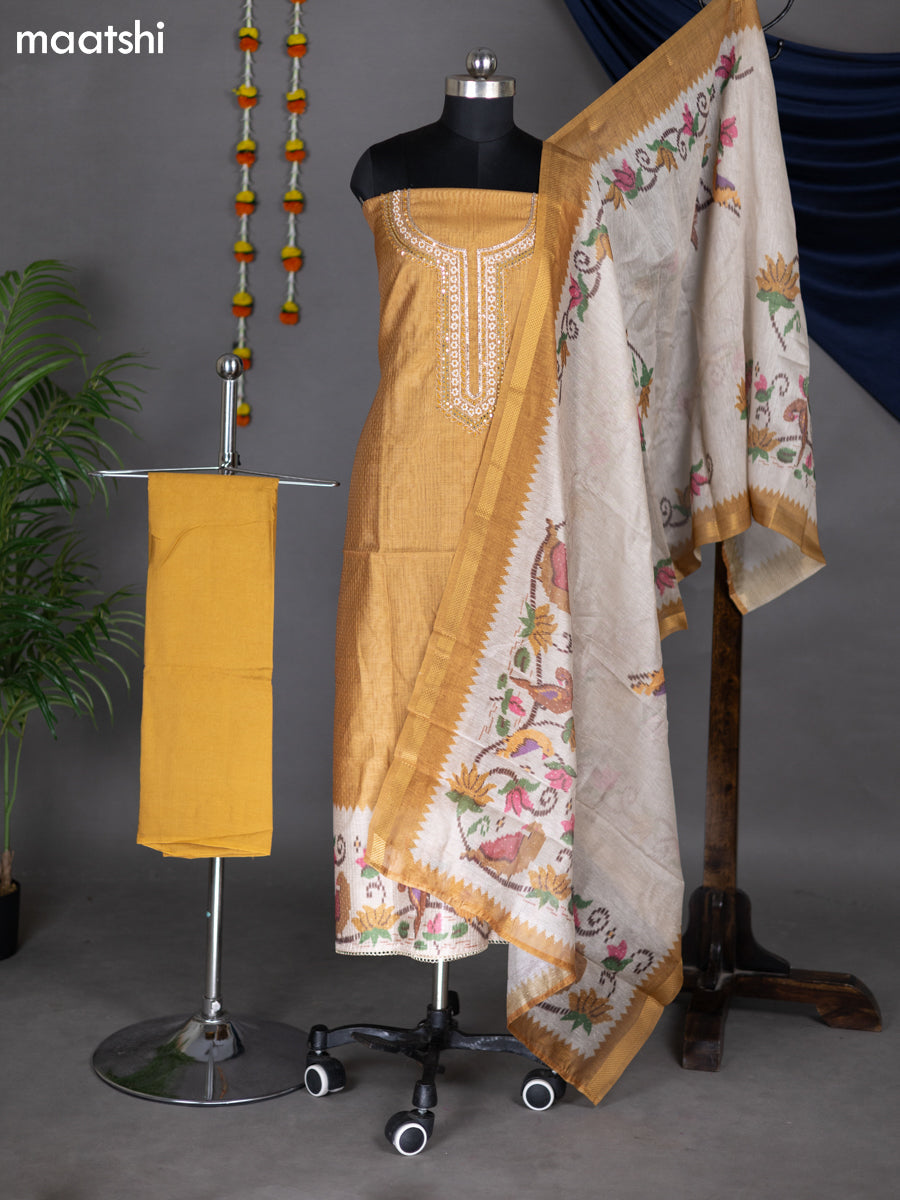 Dark Mustard and Beige Chanderi Dress Material With Embroidery Work Neck Pattern