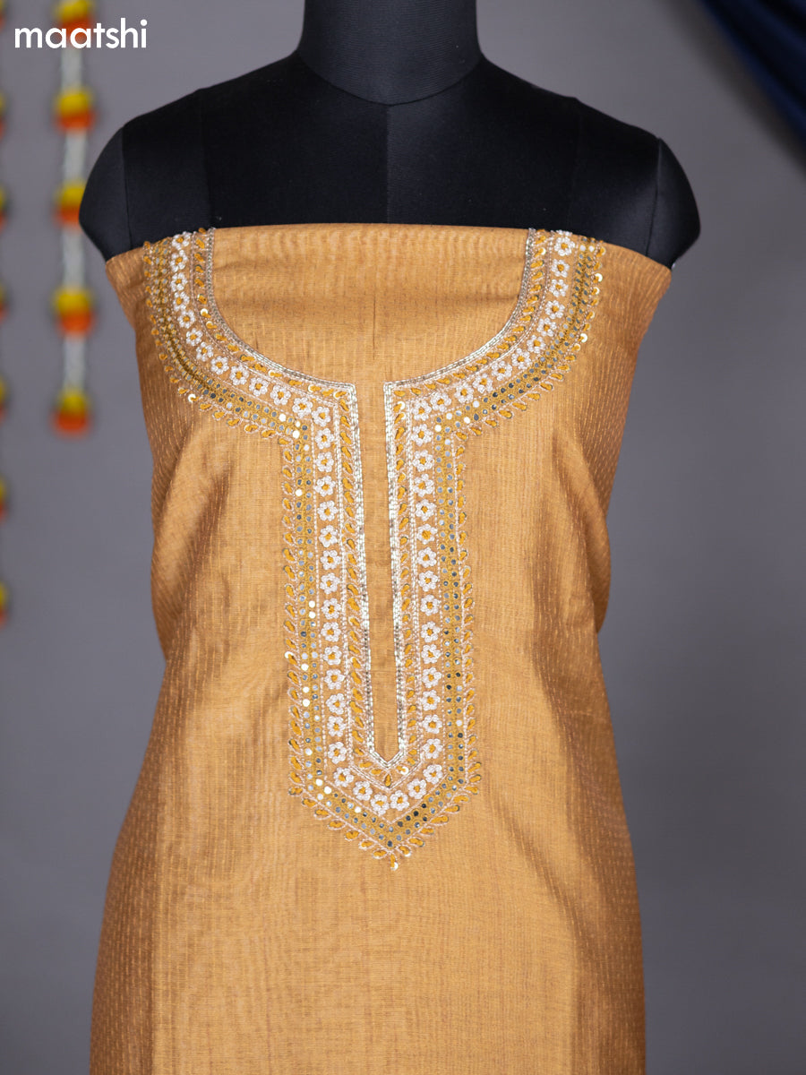 Dark Mustard and Beige Chanderi Dress Material With Embroidery Work Neck Pattern