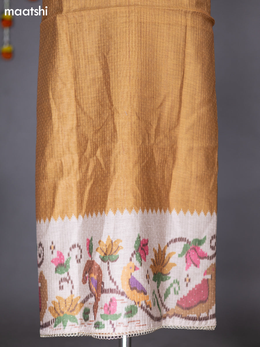 Dark Mustard and Beige Chanderi Dress Material With Embroidery Work Neck Pattern