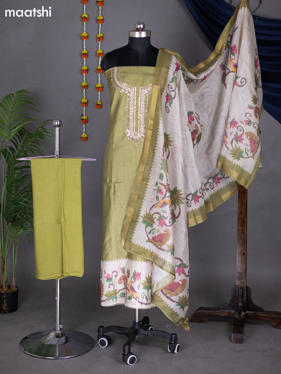 Mehendi Green and Beige Chanderi Dress Material With Embroidery Work Neck Pattern