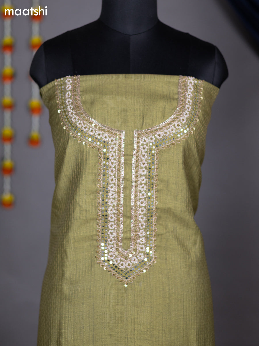 Mehendi Green and Beige Chanderi Dress Material With Embroidery Work Neck Pattern