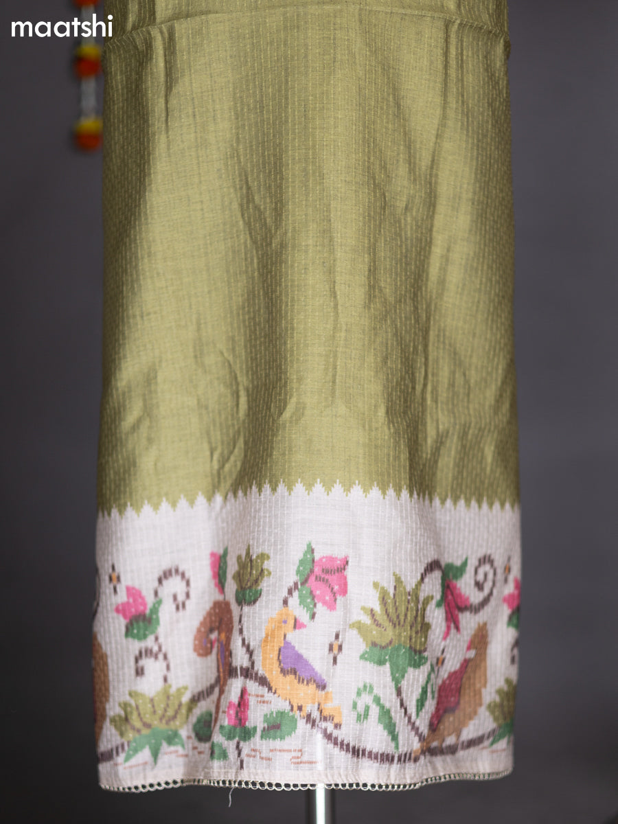 Mehendi Green and Beige Chanderi Dress Material With Embroidery Work Neck Pattern