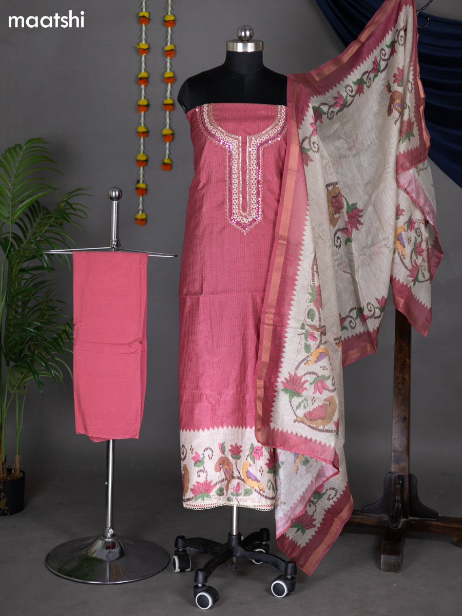 Peach Pink and Beige Chanderi Dress Material With Embroidery Work Neck Pattern