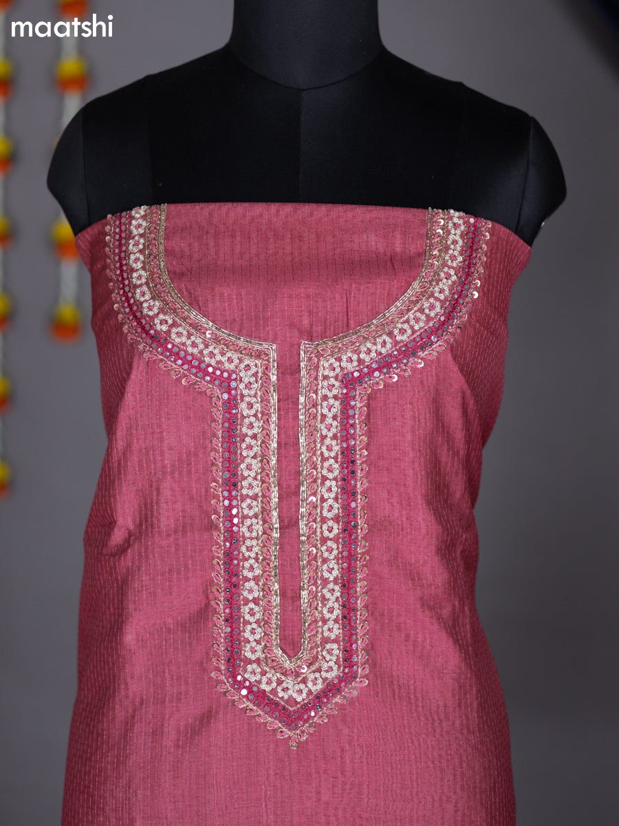 Peach Pink and Beige Chanderi Dress Material With Embroidery Work Neck Pattern