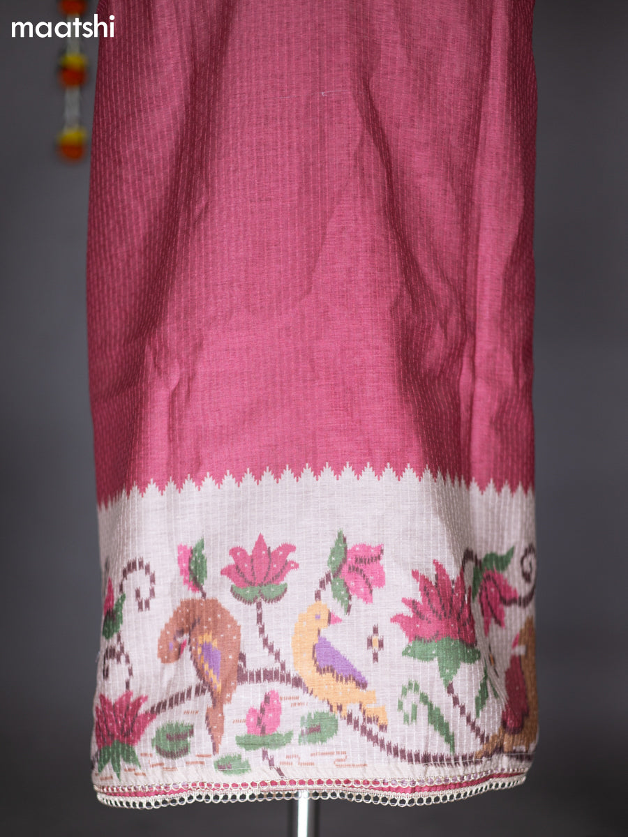Peach Pink and Beige Chanderi Dress Material With Embroidery Work Neck Pattern