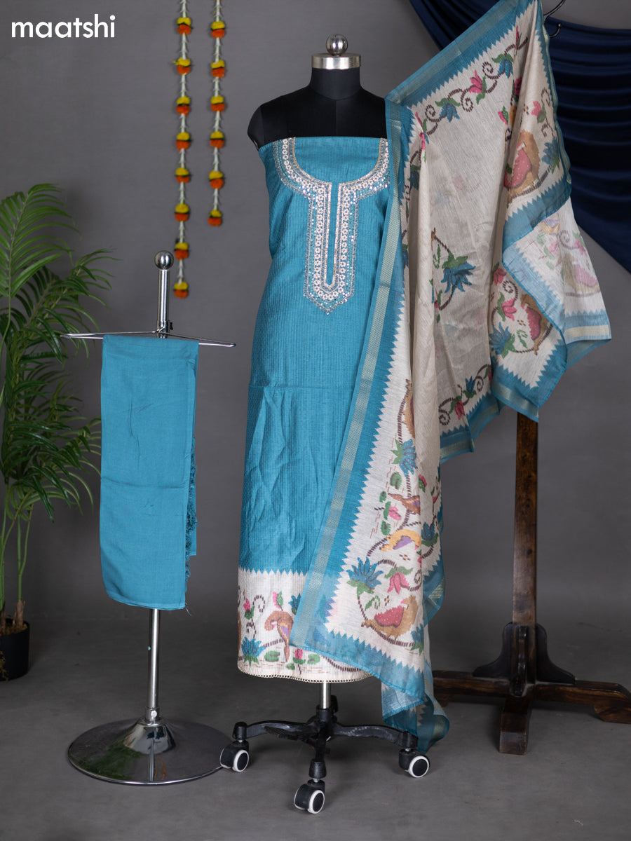 Blue Shade and Beige Chanderi Dress Material With Embroidery Work Neck Pattern