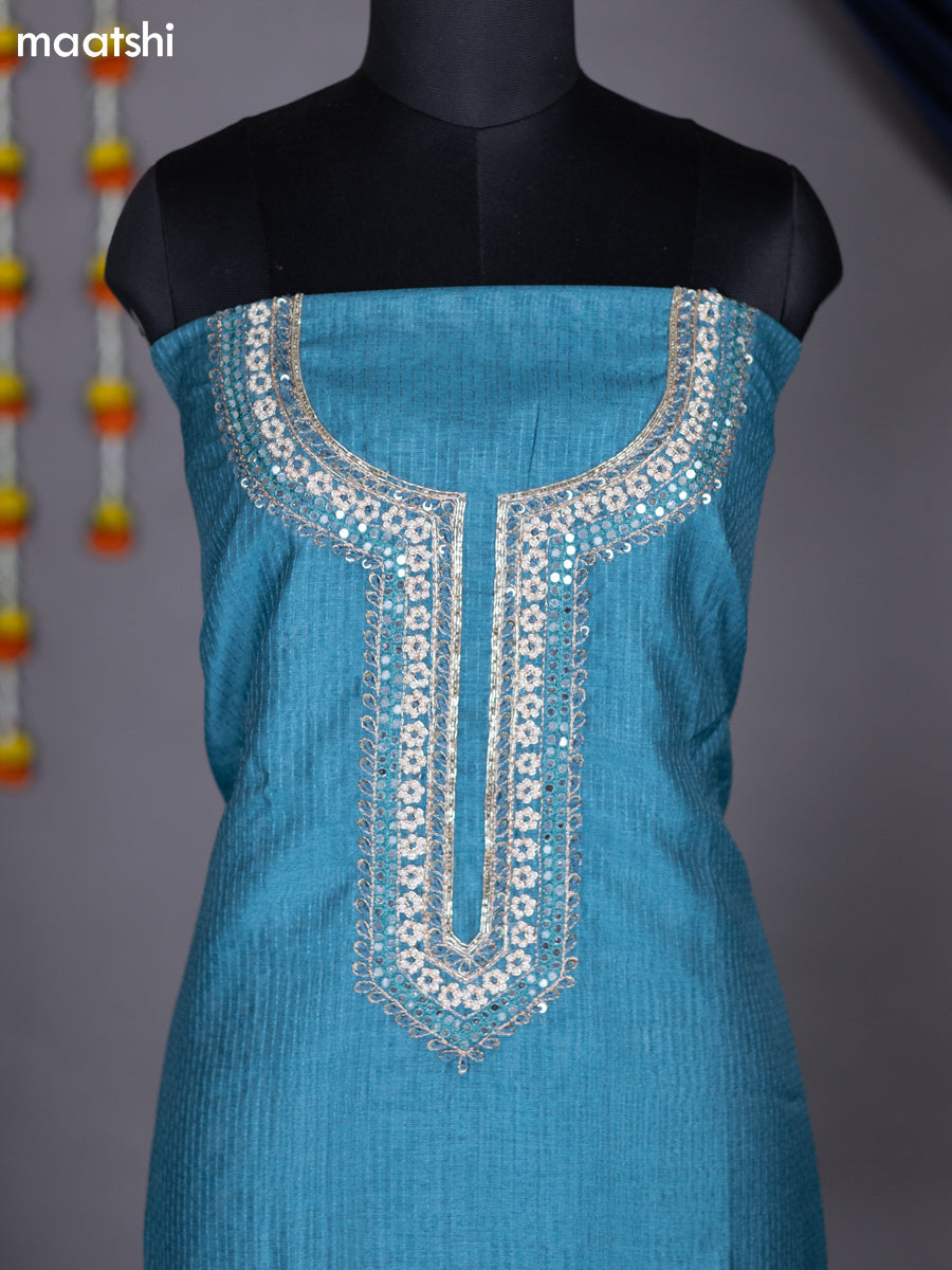 Blue Shade and Beige Chanderi Dress Material With Embroidery Work Neck Pattern