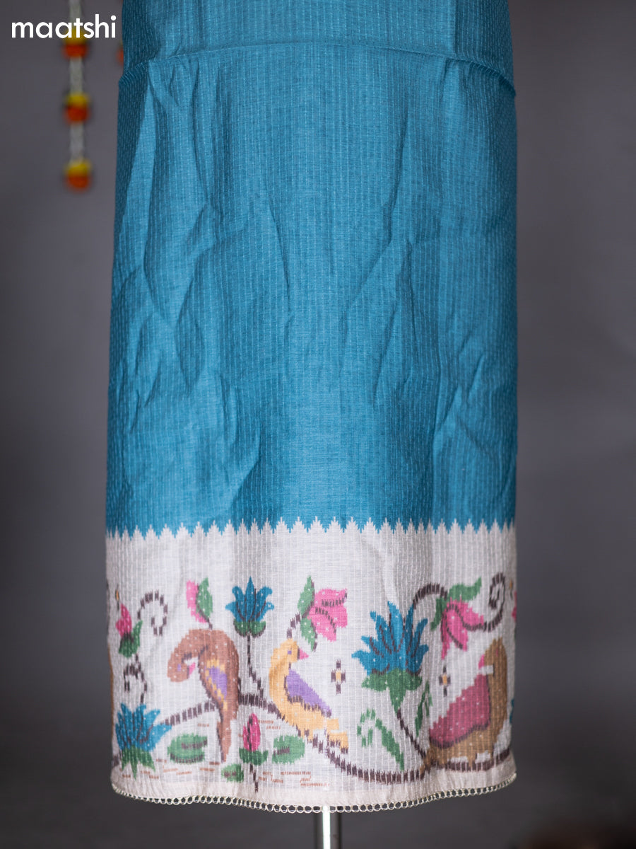 Blue Shade and Beige Chanderi Dress Material With Embroidery Work Neck Pattern