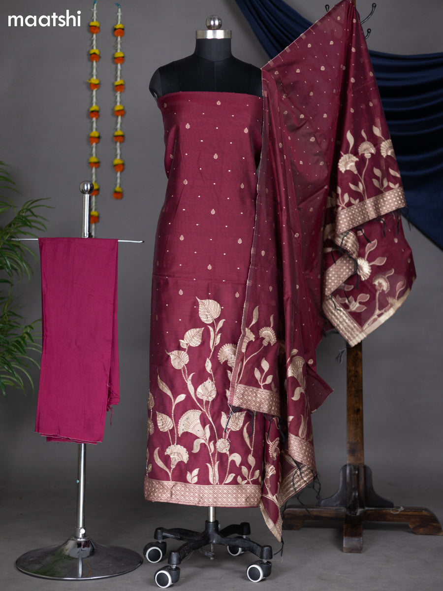 Maroon Chanderi Dress Material With Thread & Zari Weaves