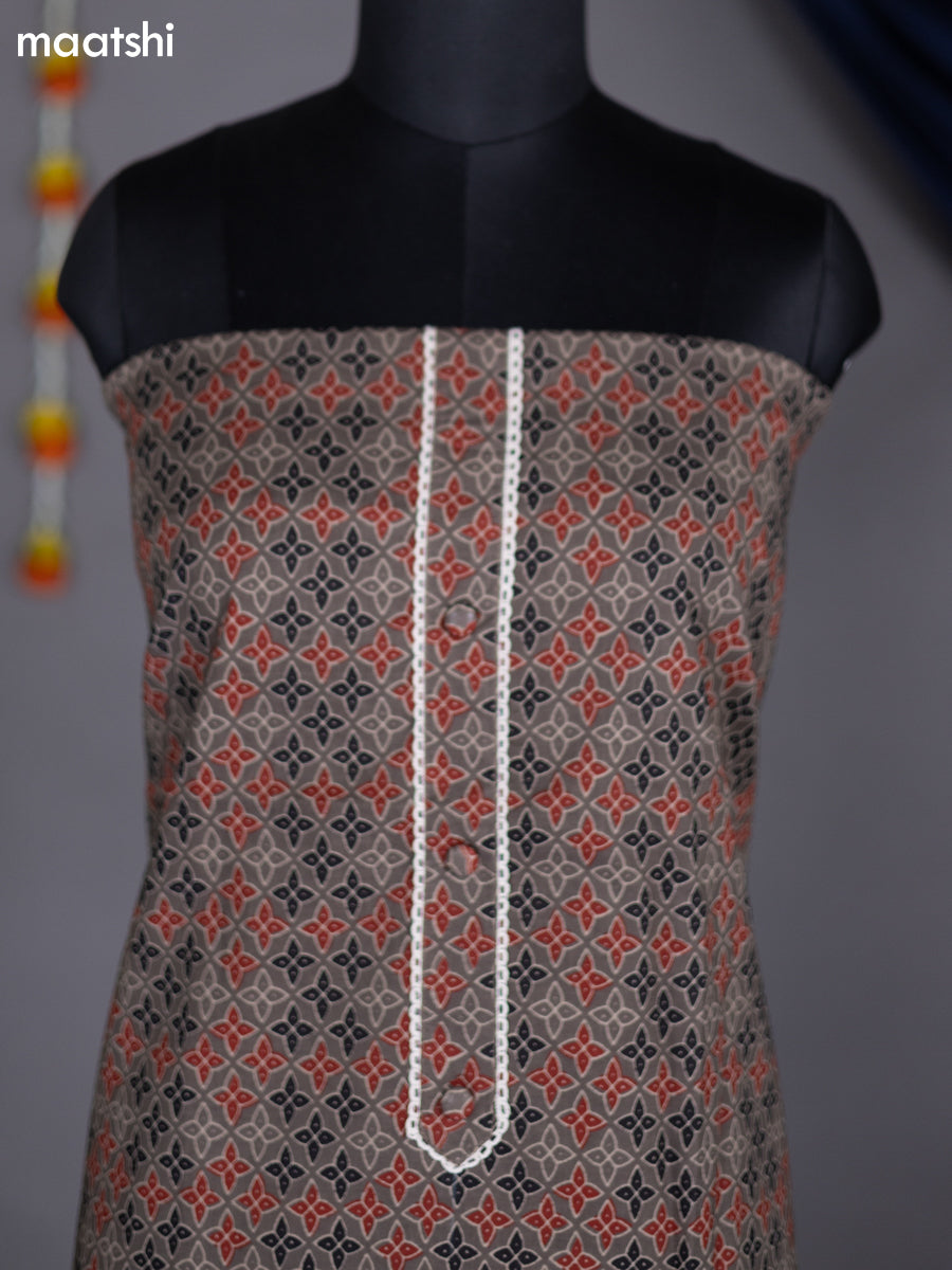 Grey Shade and Cream Cotton Dress Material With Allover Prints and Bottom & Dupatta