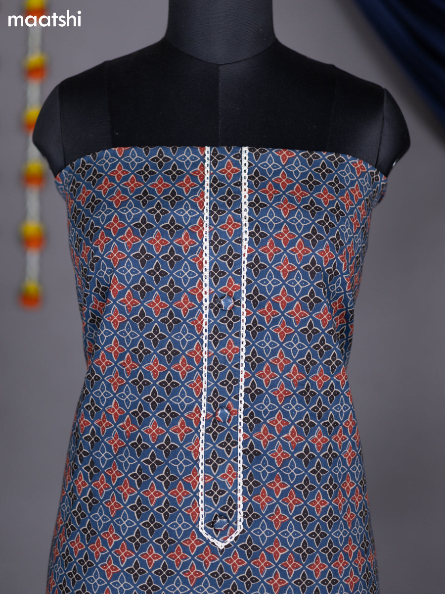 Blue and Cream Cotton Dress Material With Allover Prints and Bottom & Dupatta