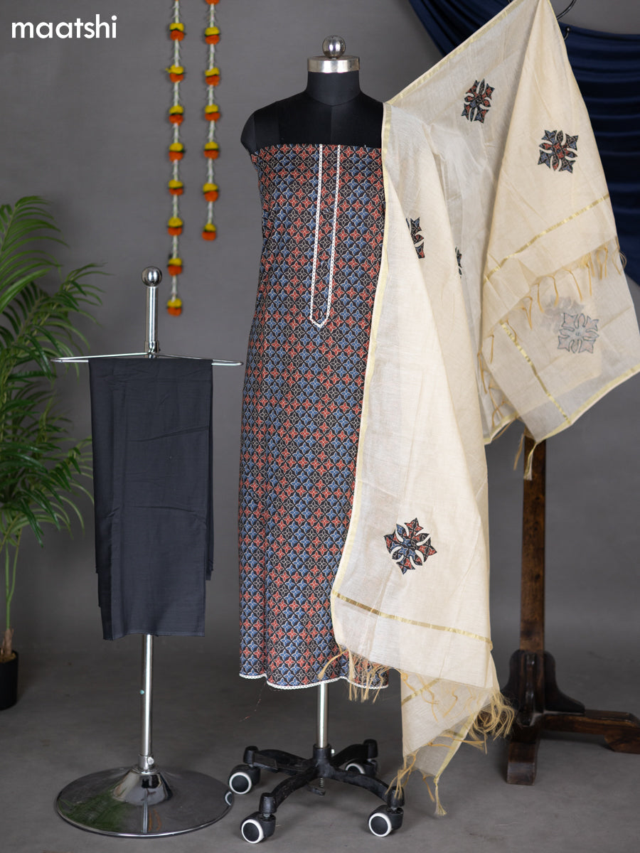 Black and Cream Cotton Dress Material With Allover Prints and Bottom & Dupatta