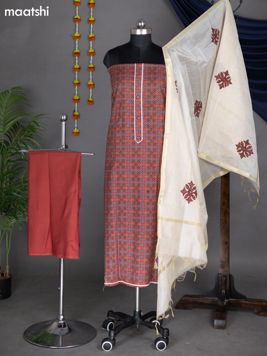 Maroon and Cream Cotton Dress Material With Allover Prints and Bottom & Dupatta