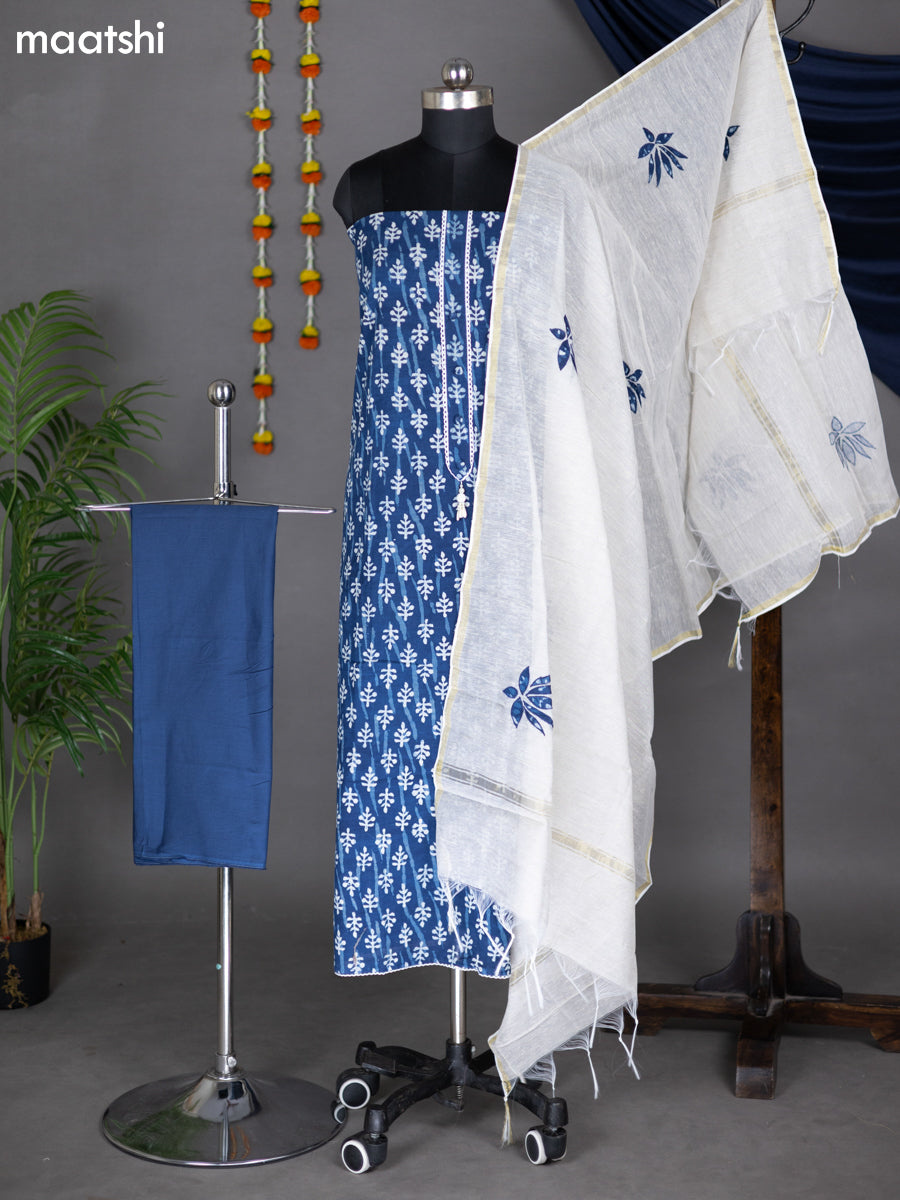 Blue and Off White Cotton Dress Material With Allover Prints and Bottom & Dupatta