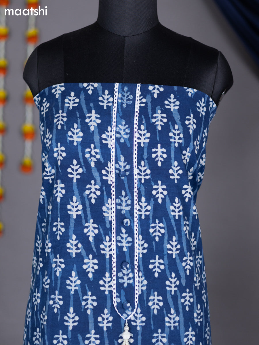 Blue and Off White Cotton Dress Material With Allover Prints and Bottom & Dupatta