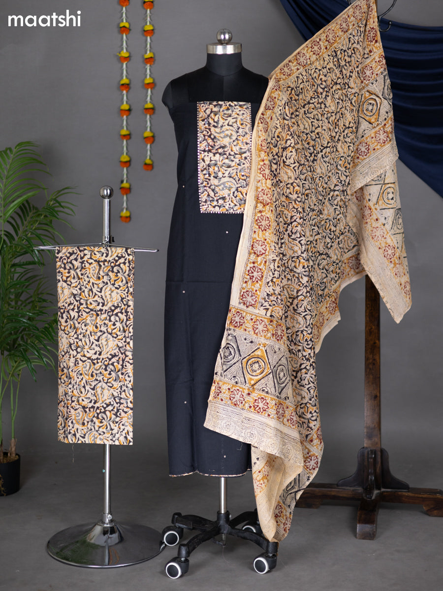 Black and Beige Cotton Dress Material With Kalamkari Patch Work Neck Pattern and Bottom & Dupatta