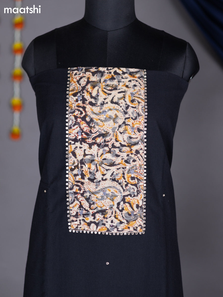 Black and Beige Cotton Dress Material With Kalamkari Patch Work Neck Pattern and Bottom & Dupatta