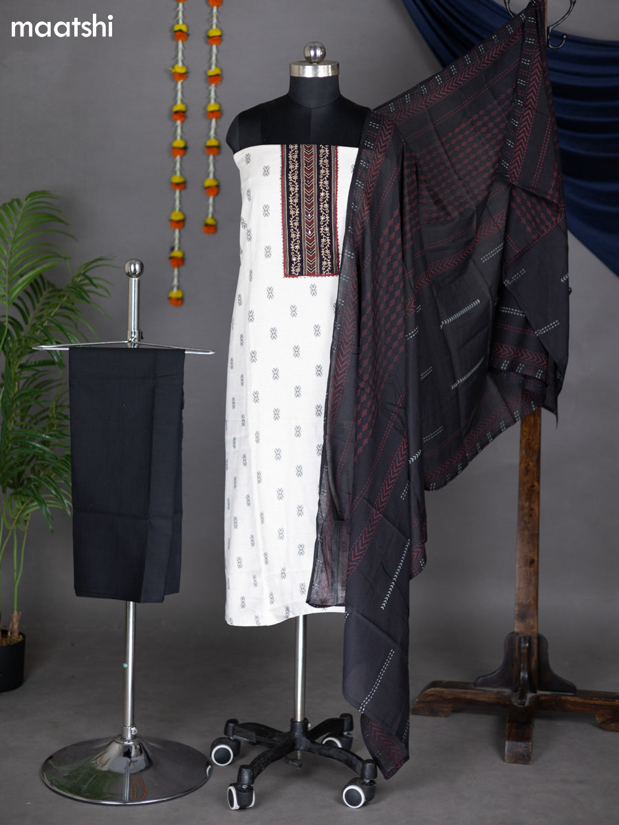 Off White and Black Cotton Dress Material With Ikat Butta Weaves & Patch Work Neck Pattern and Bottom & Dupatta