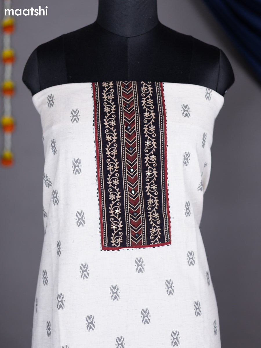 Off White and Black Cotton Dress Material With Ikat Butta Weaves & Patch Work Neck Pattern and Bottom & Dupatta