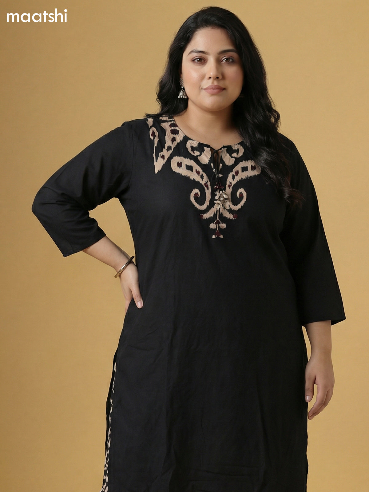 Black Cotton Ikat Weaves Straight Suit