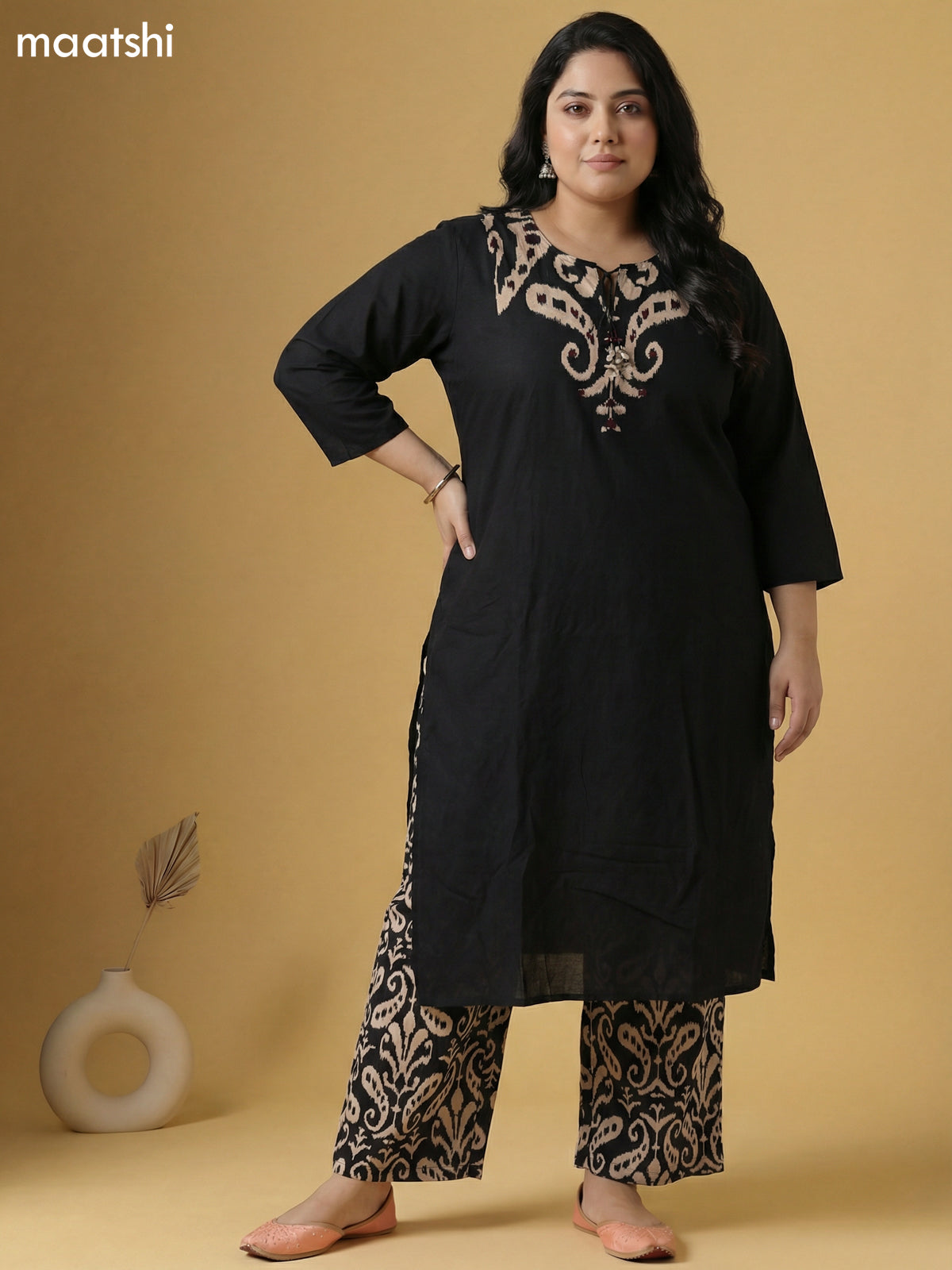 Black Cotton Ikat Weaves Straight Suit