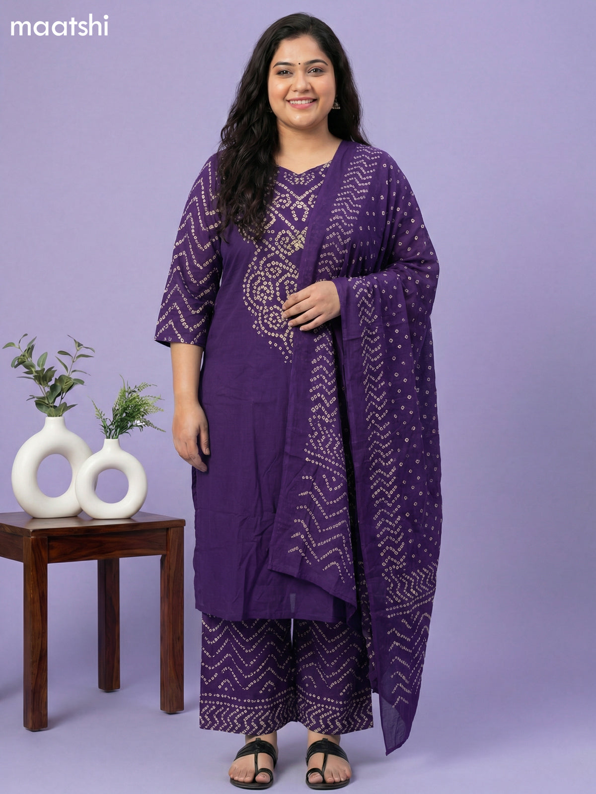 Violet Cotton Bandhini Printed Straight Suit