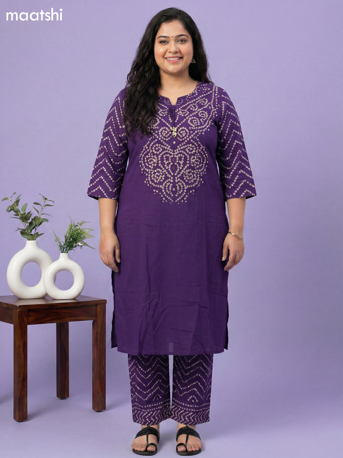 Violet Cotton Bandhini Printed Straight Suit