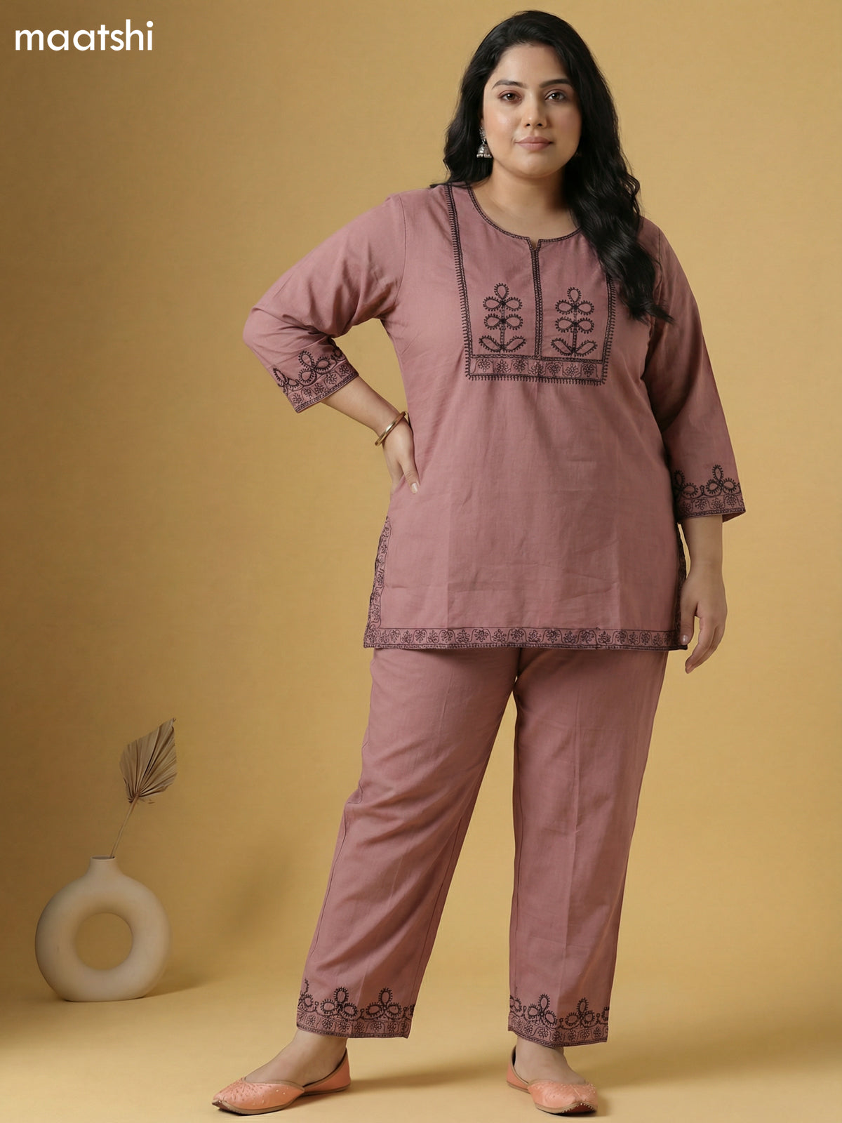 Pastel Maroon Cotton Embroidery Work Kurti Set