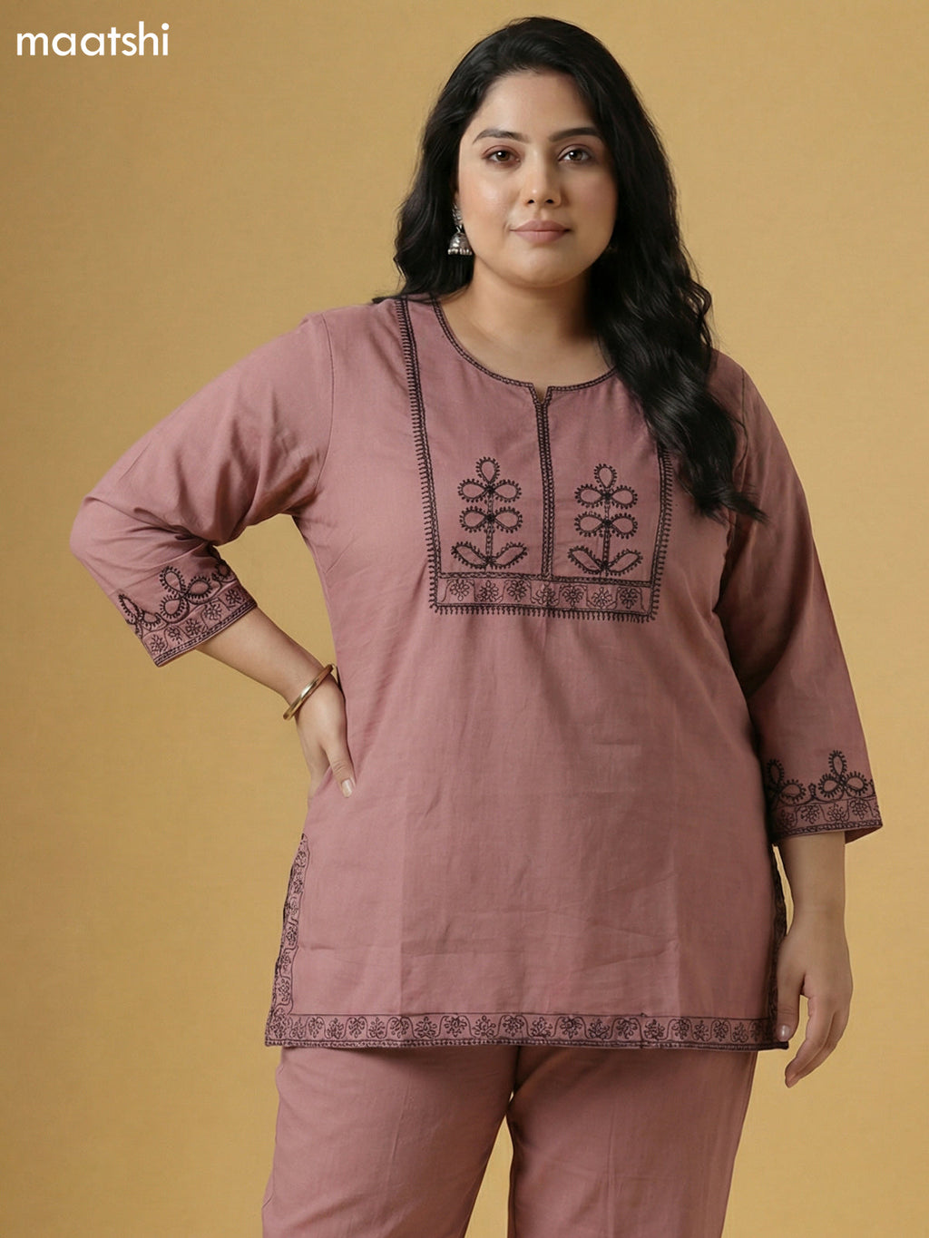 Pastel Maroon Cotton Embroidery Work Kurti Set
