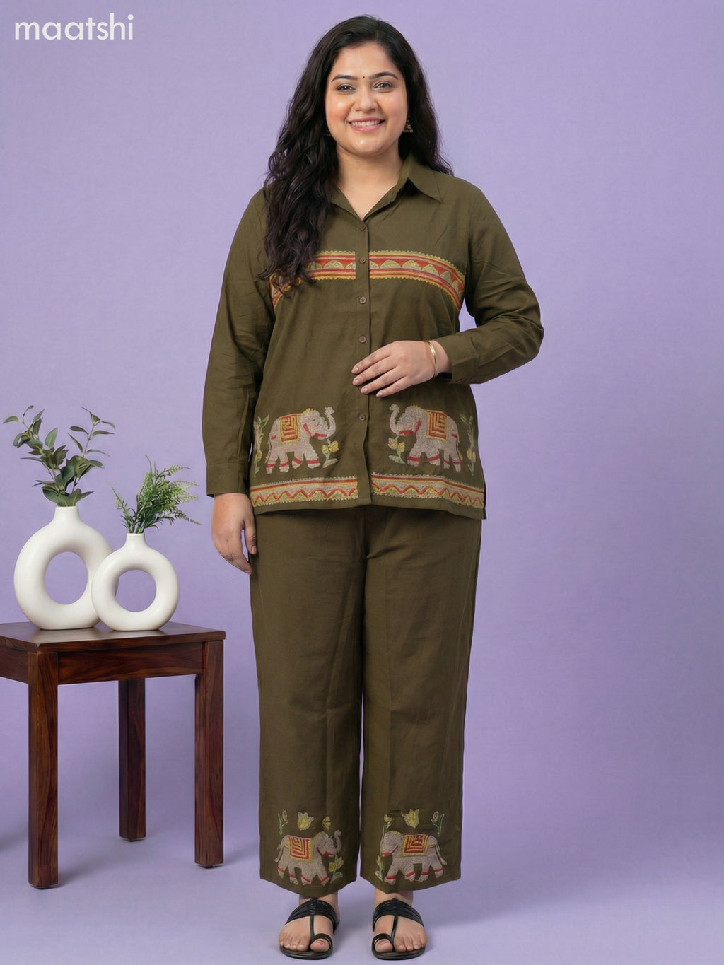 Dark Sap Green Cotton Embroidery Work Short Co-Ord Set