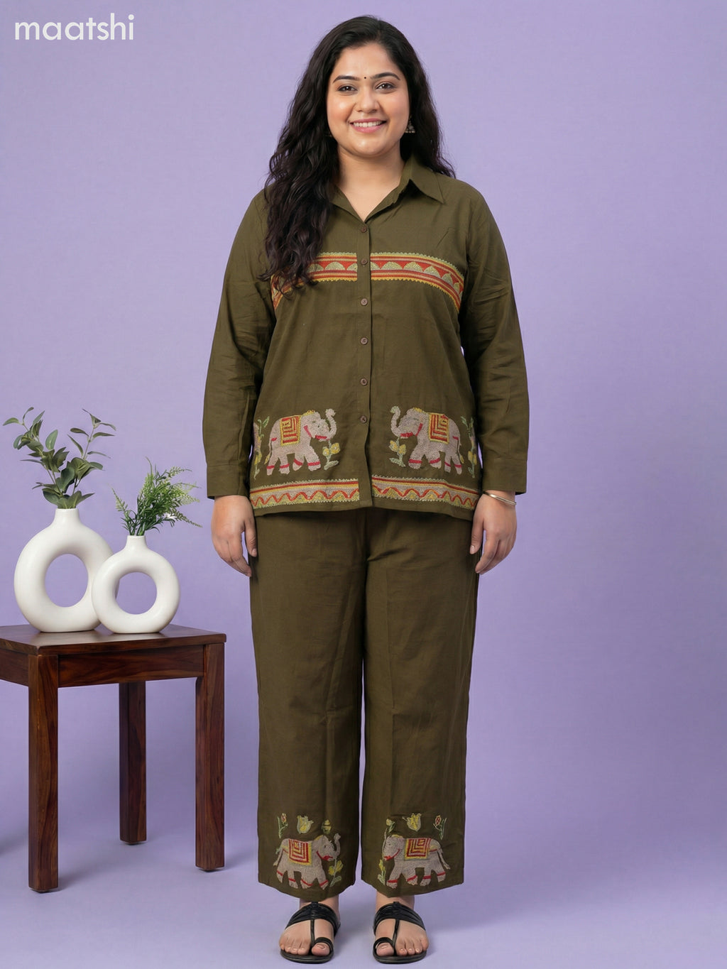 Dark Sap Green Cotton Embroidery Work Short Co-Ord Set