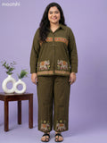 Dark Sap Green Cotton Embroidery Work Short Co-Ord Set