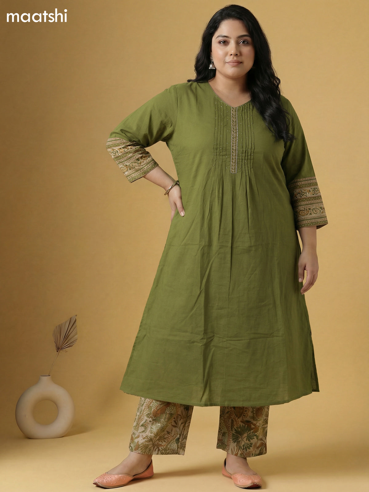 Pastel Green Cotton Simple Embroidery Work Neck Pattern A-Line Suit