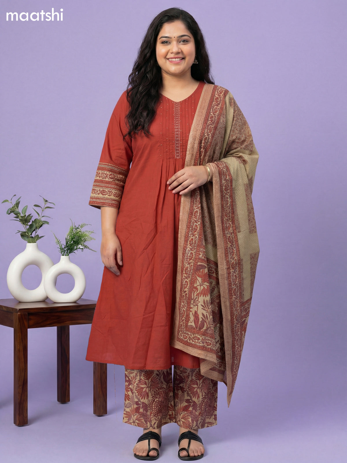 Rust Cotton Simple Embroidery Work Neck Pattern A-Line Suit