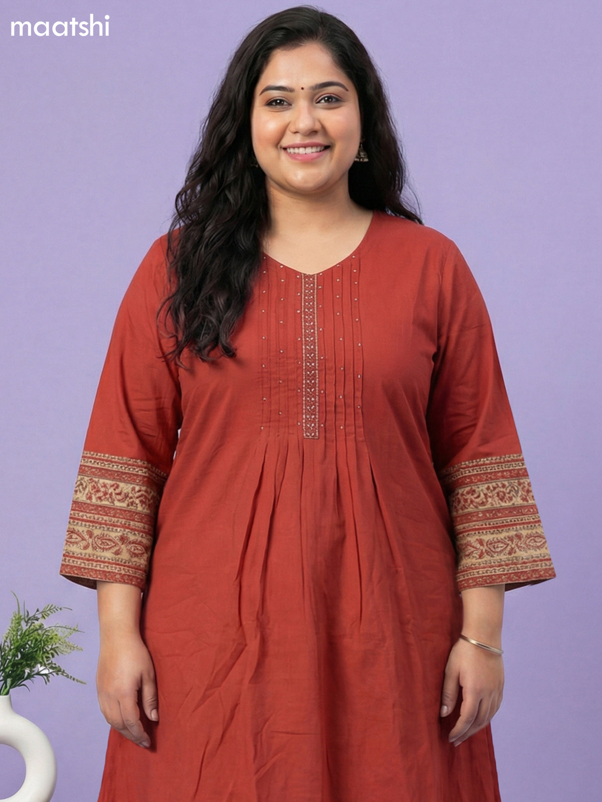 Rust Cotton Simple Embroidery Work Neck Pattern A-Line Suit